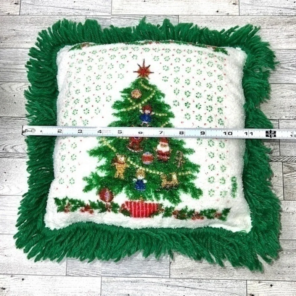 Vintage Terry Cloth Christmas Tree Throw Pillow with Fringe